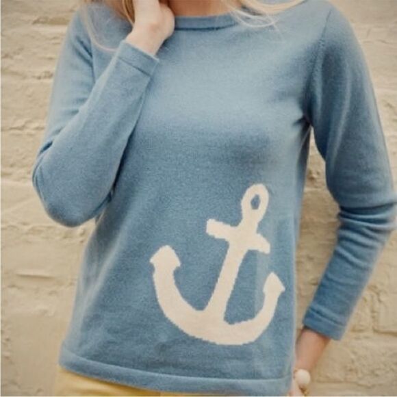 Two Bees Sweater Nautical Anchor 100% Cashmere Pullover Blue/White - Picture 1 of 8
